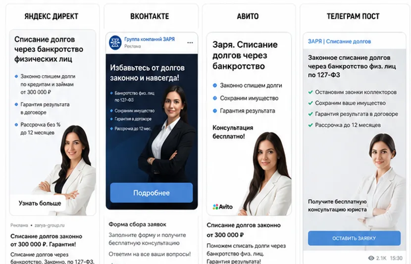 креативы для разных источников трафика по банкротству